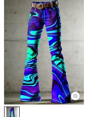 New Punkoutfit women’s Vibrant Swirl Flare Pants in Blue & Teal Sz M
